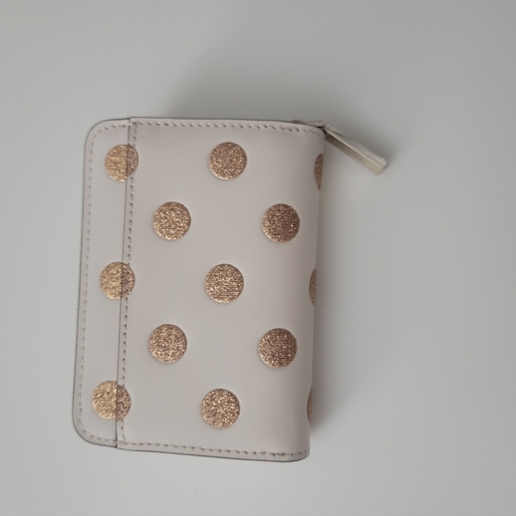 NWT kate spade white crem bow polka dot champagne gold zip around small wallet - Picture 3 of 5